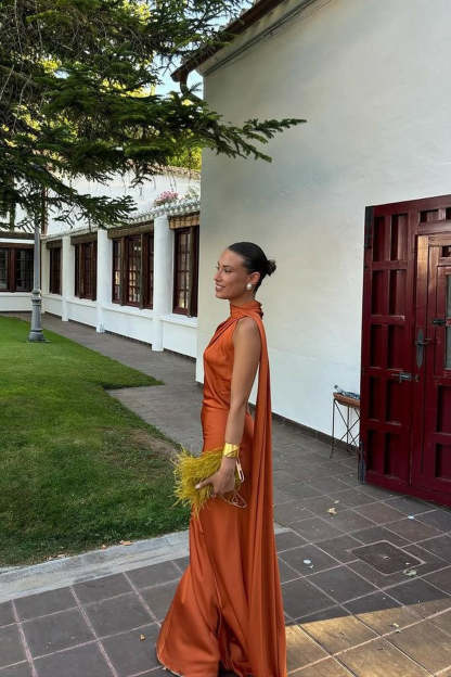 Ciara Satin Maxi Dress - Rust Orange