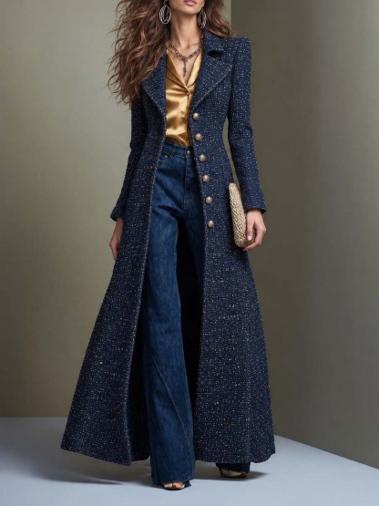 Clementine Tailored Tweed Maxi Coat - Navy