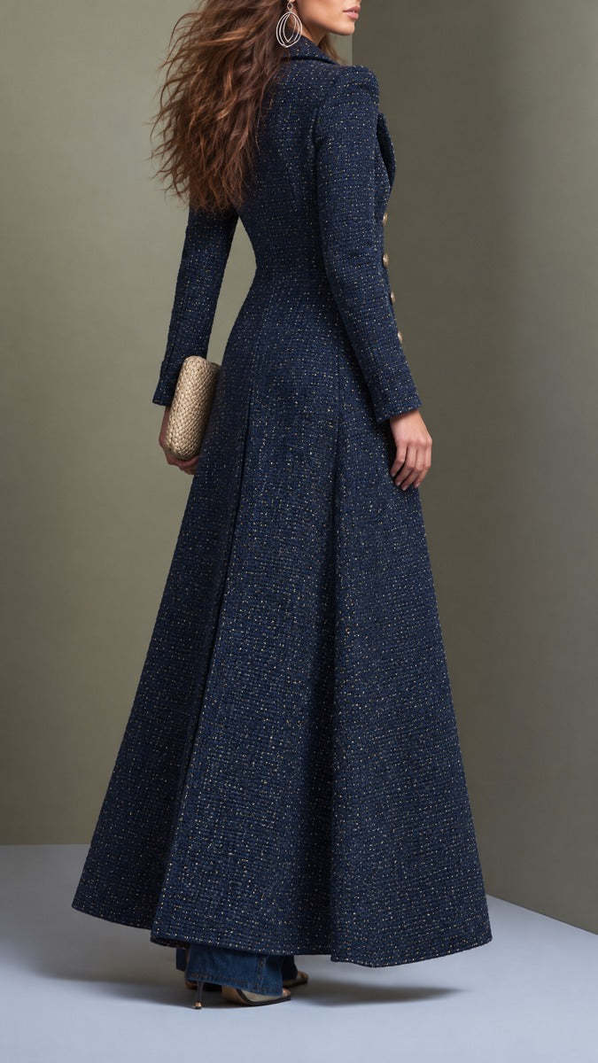 Clementine Tailored Tweed Maxi Coat - Navy