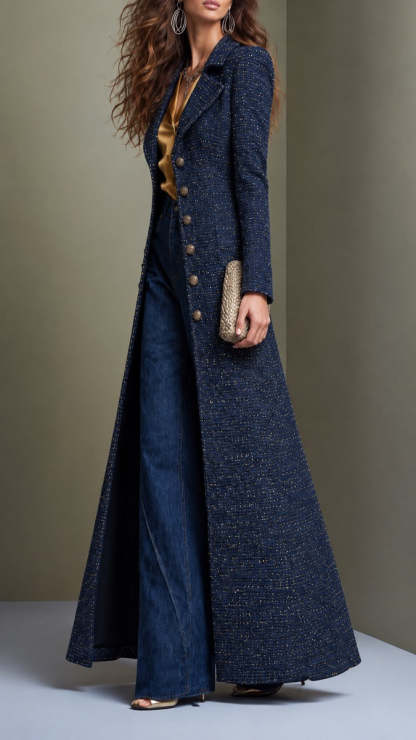 Clementine Tailored Tweed Maxi Coat - Navy