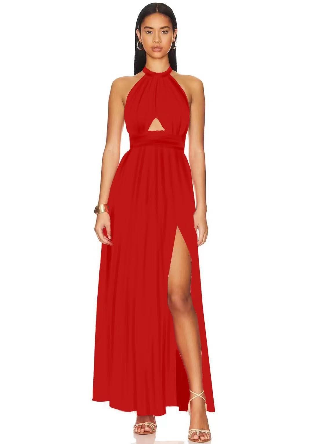 Red halter maxi dress with modern cutout detail and flowing silhouette for women