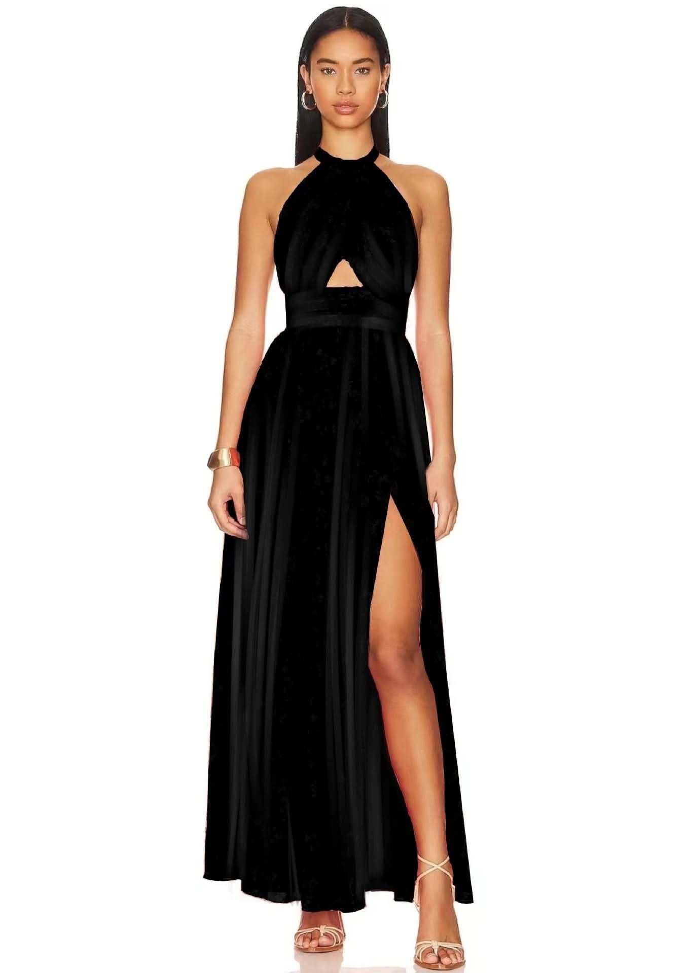 Black halter maxi dress featuring underbust cutout and high slit for women