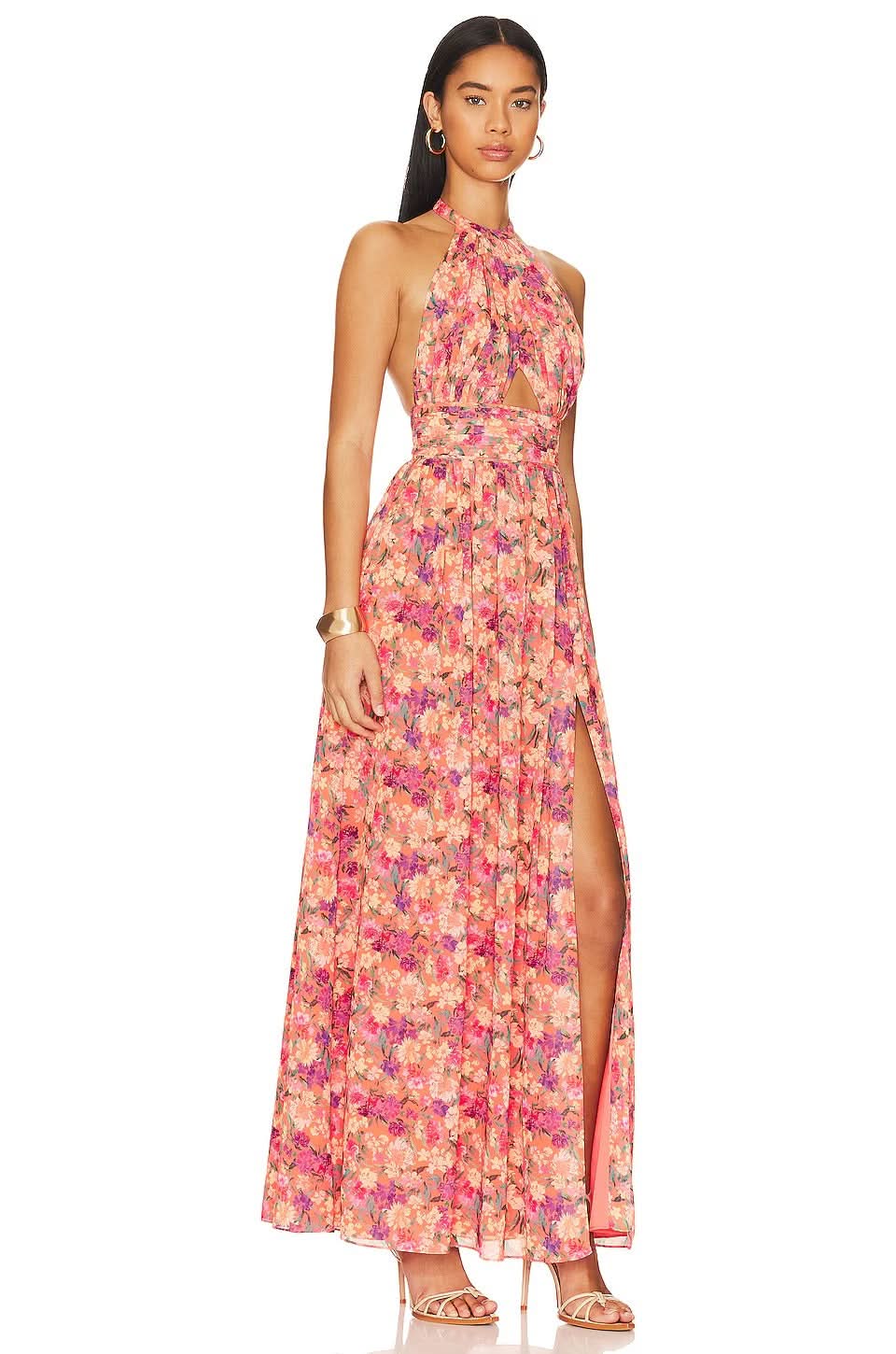 Floral maxi dress side view showing high front slit and halter neckline for women