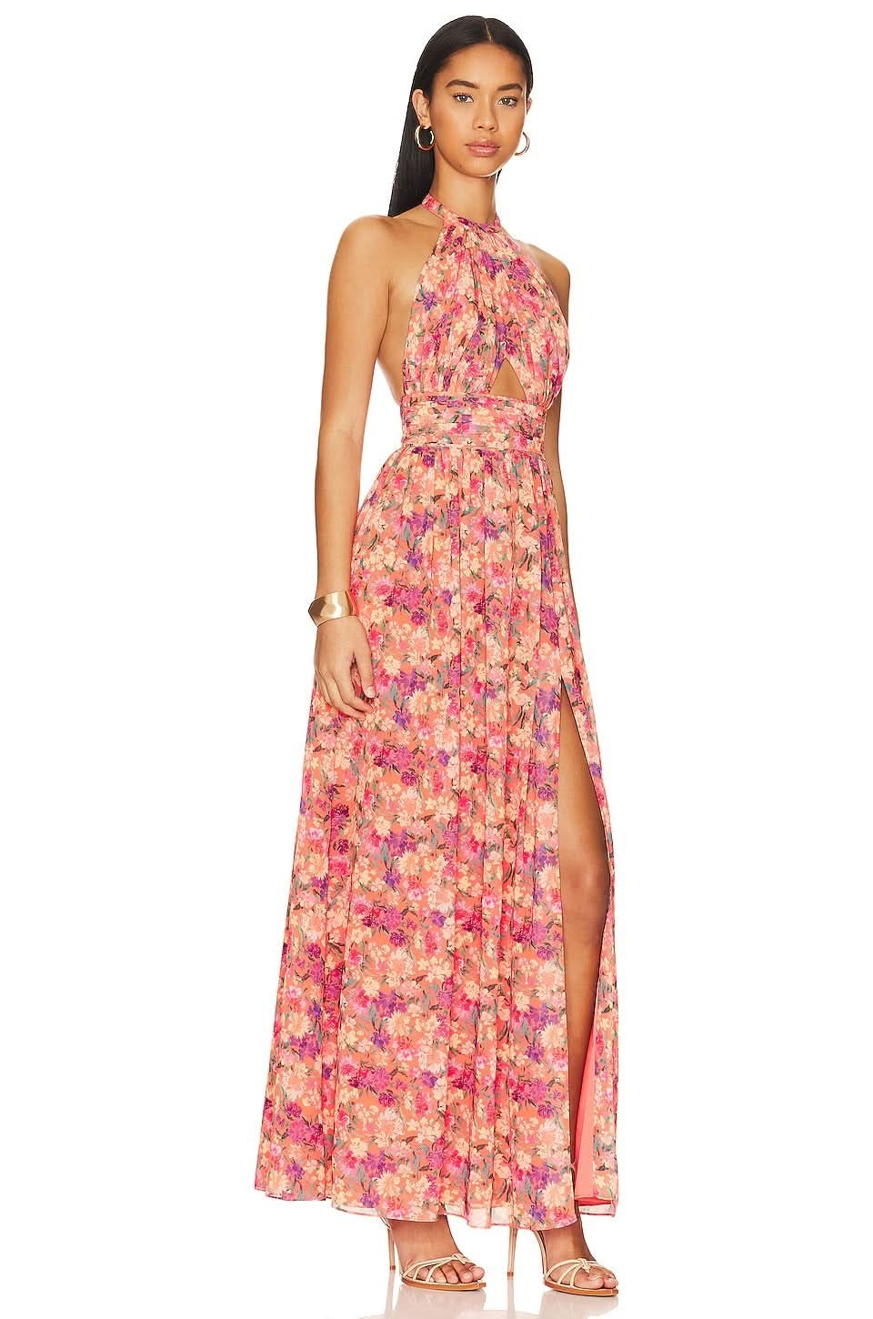 Floral maxi dress side view showing high front slit and halter neckline for women