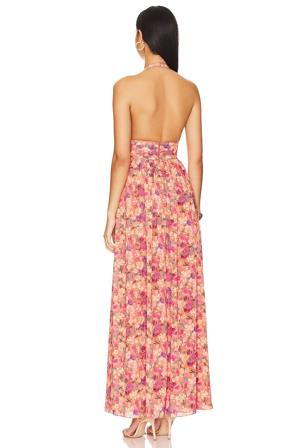 Floral halter maxi dress back view with open design and defined waistband for women