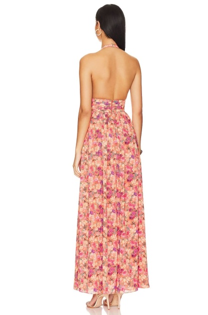 Floral halter maxi dress back view with open design and defined waistband for women