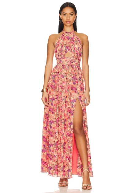 Floral halter maxi dress with underbust cutout and high front slit for women