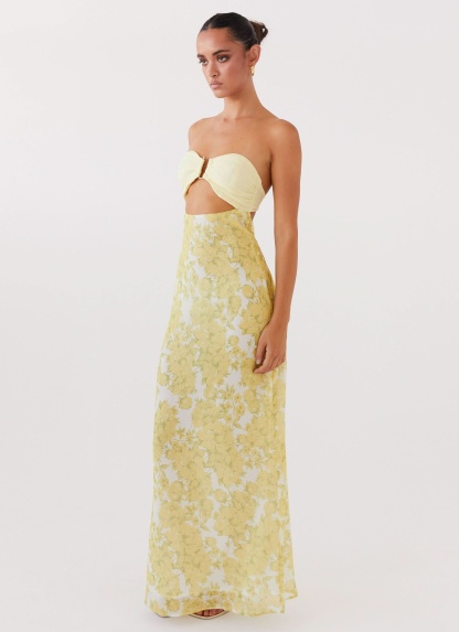 Yellow floral cutout maxi dress with side cutout detail