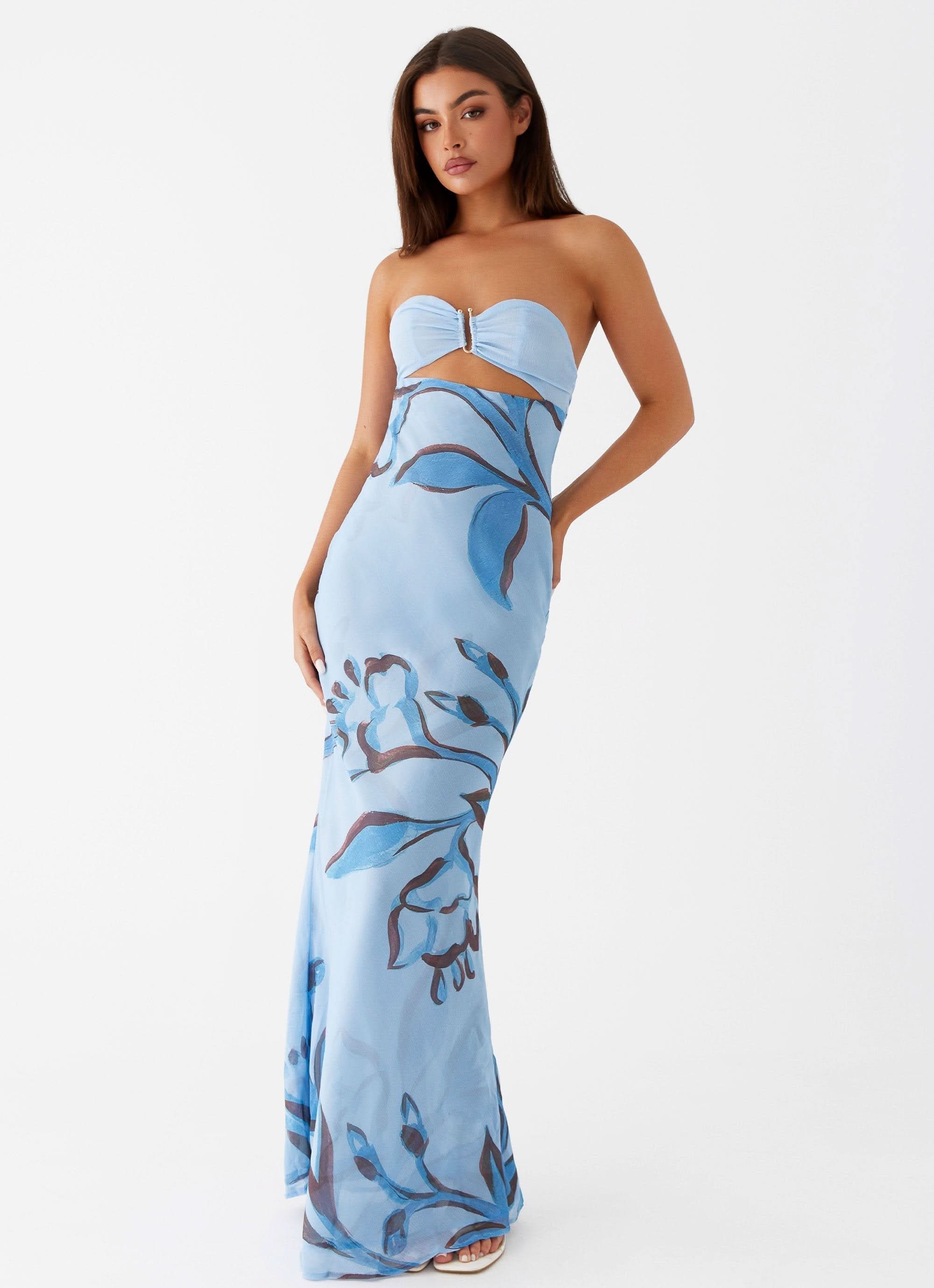 Light blue floral cutout maxi dress with ruched bodice