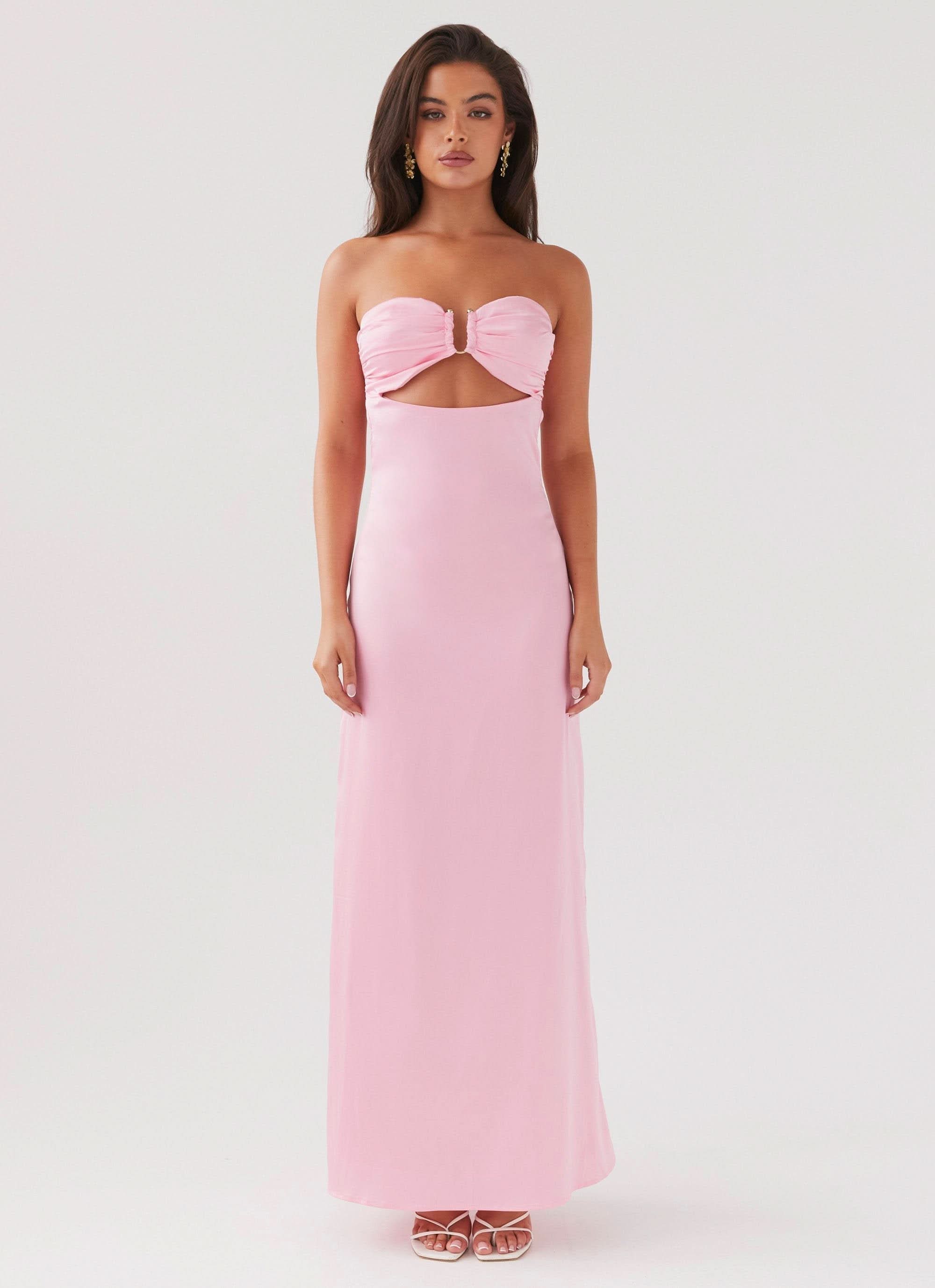 Pink ruched cutout maxi dress with strapless neckline