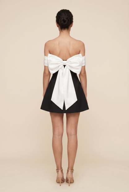 Daelyn Off-Shoulder Bow Mini Dress - Black and White