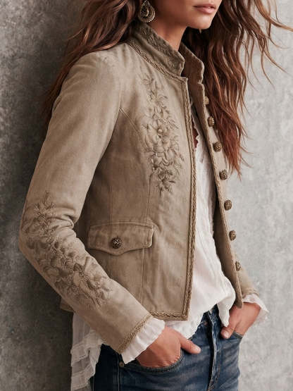 Daria Embroidered Suede-Look Jacket - Beige