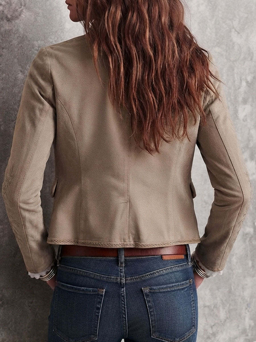 Daria Embroidered Suede-Look Jacket - Beige