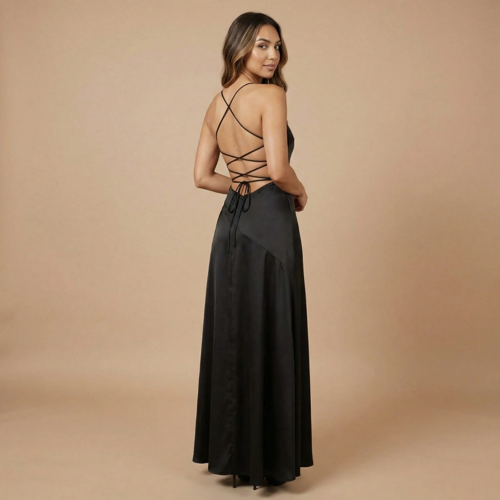 Back view of black maxi dress with lace-up crisscross back detail