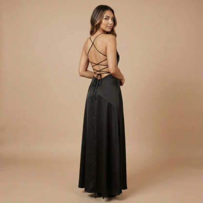Back view of black maxi dress with lace-up crisscross back detail
