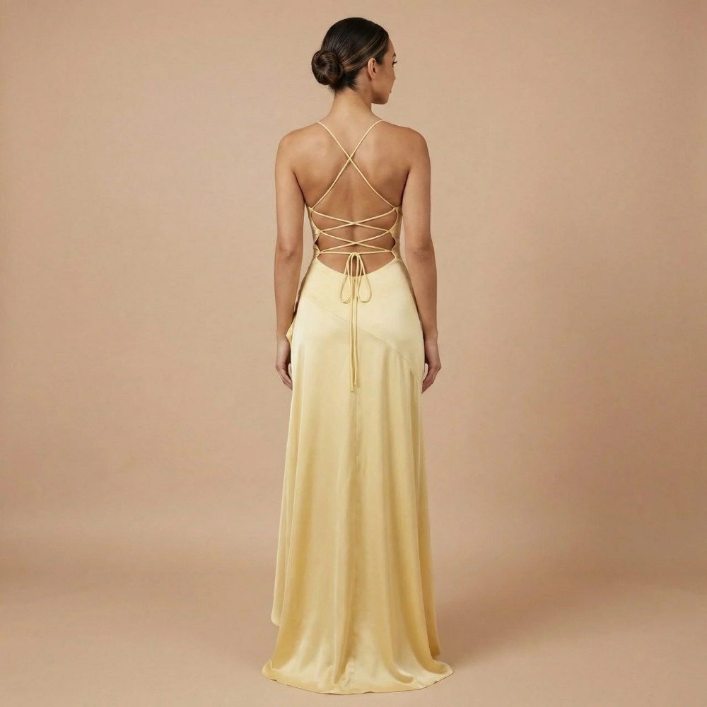 Back view of yellow maxi dress with lace-up strappy back detail