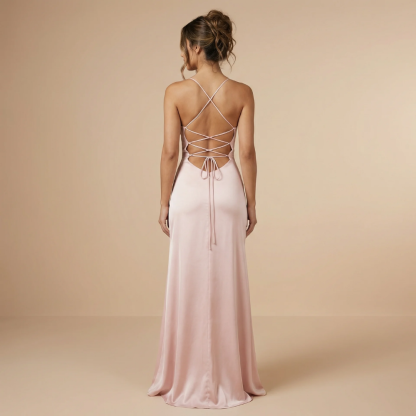 Back view of blush pink maxi dress with lace-up crisscross straps