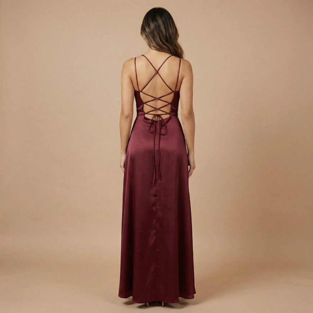 Back view of burgundy maxi dress with lace-up crisscross back detail