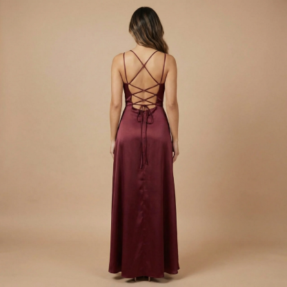 Back view of burgundy maxi dress with lace-up crisscross back detail
