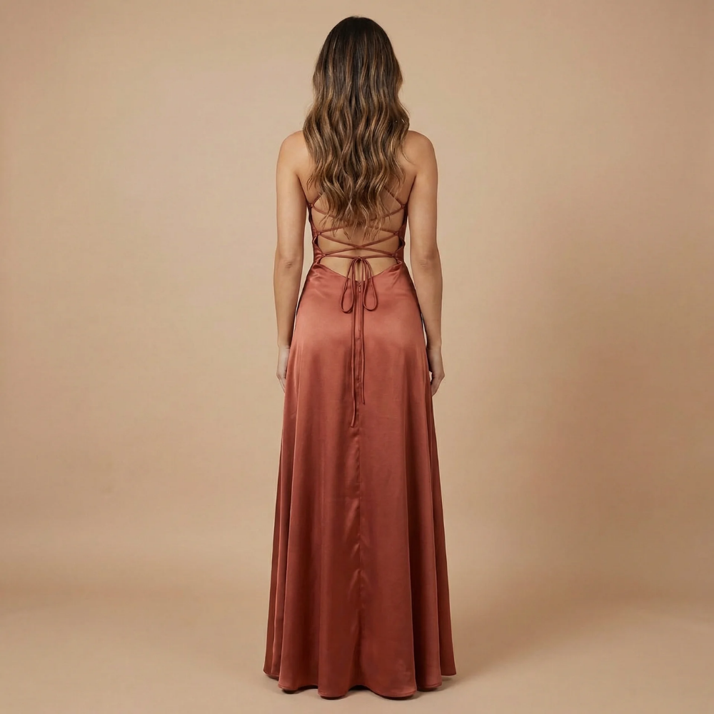 Back view of terracotta maxi dress with lace-up crisscross straps