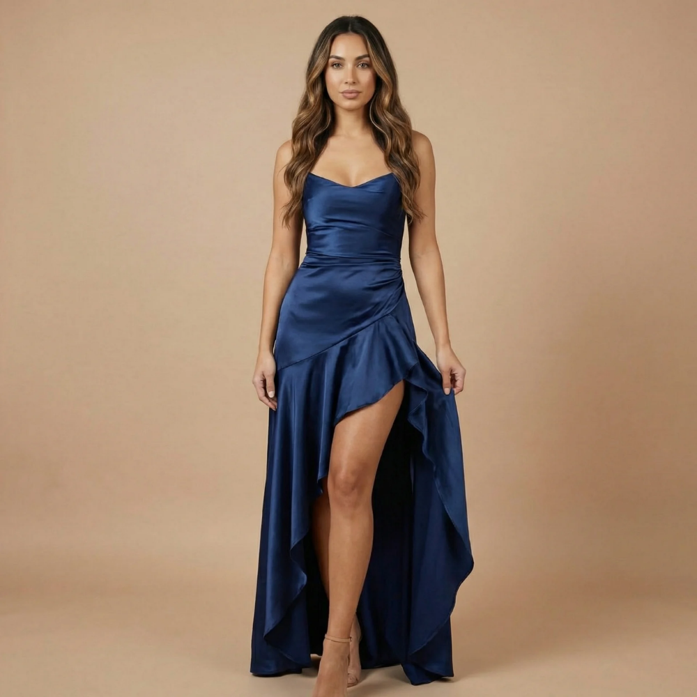Navy blue satin maxi dress with cowl neckline and ruched waist detail