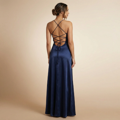 Black satin ruched maxi dress with cowl neckline and high-low ruffled hem