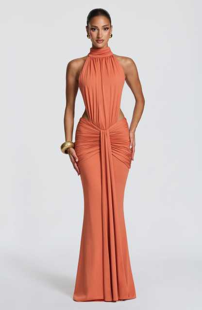 Delphine Cutout Halter Maxi Dress - Orange