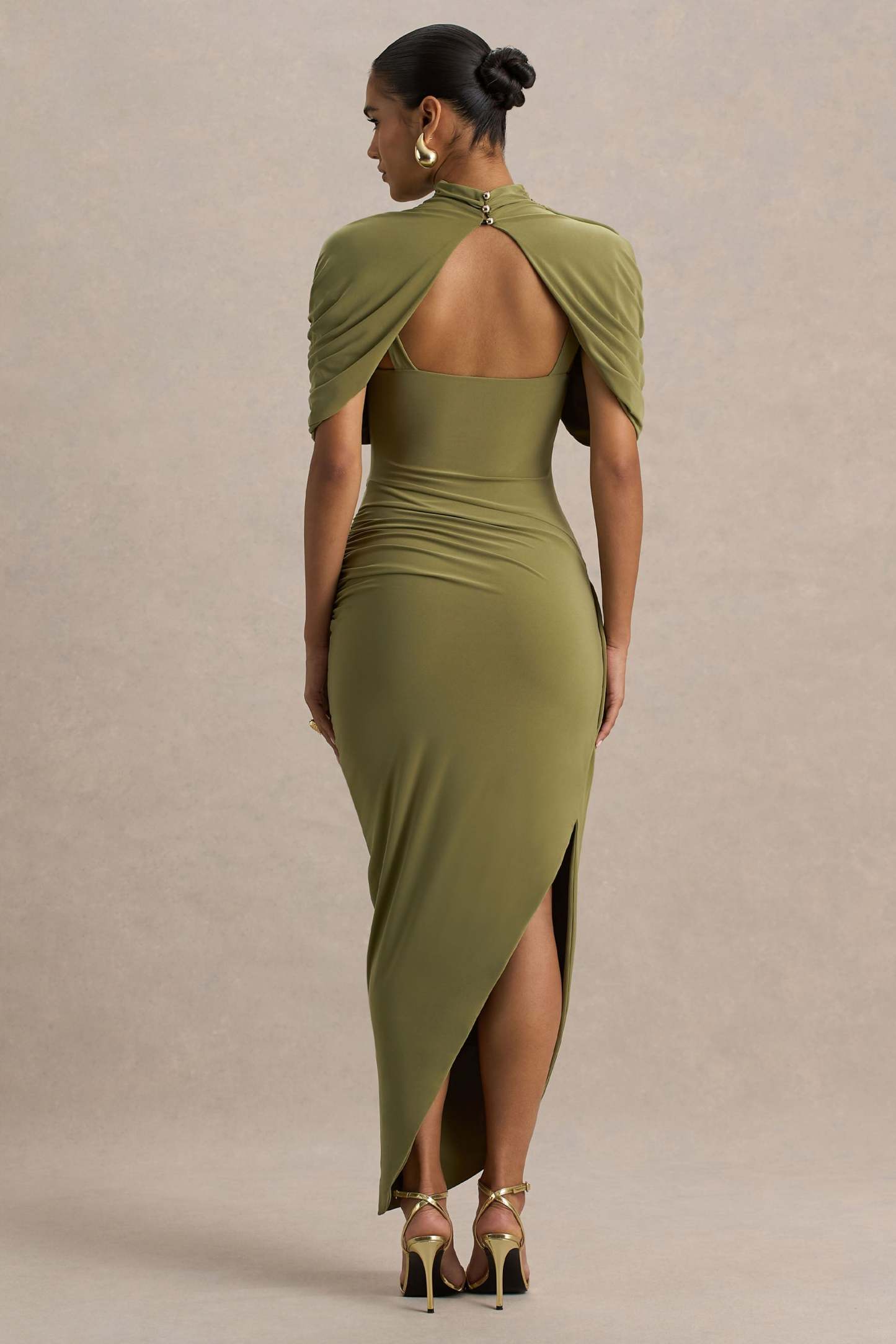 Demetria Draped Cape Midi Dress - Olive