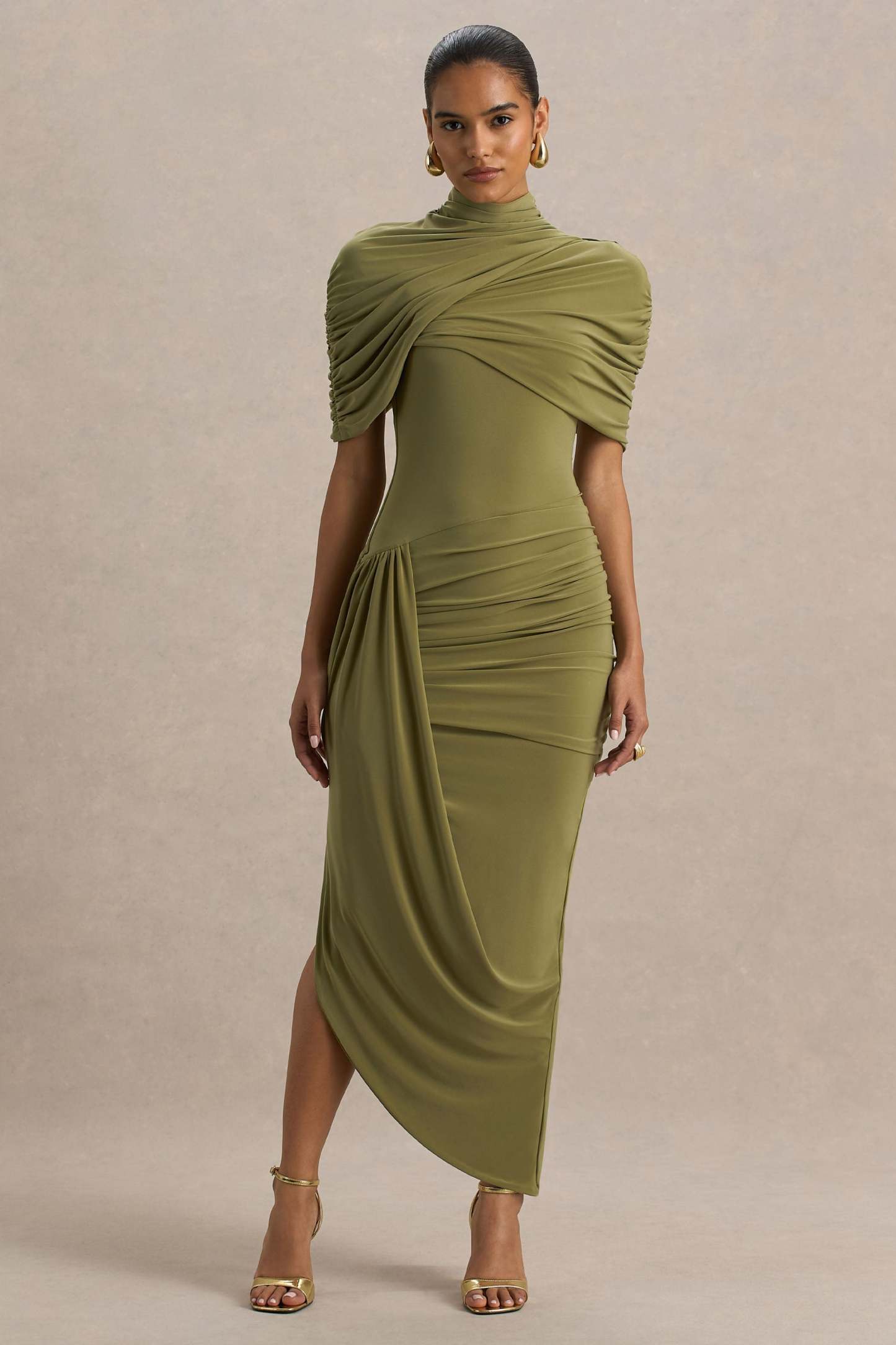 Demetria Draped Cape Midi Dress - Olive