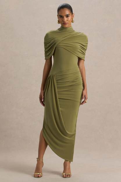 Demetria Draped Cape Midi Dress - Olive