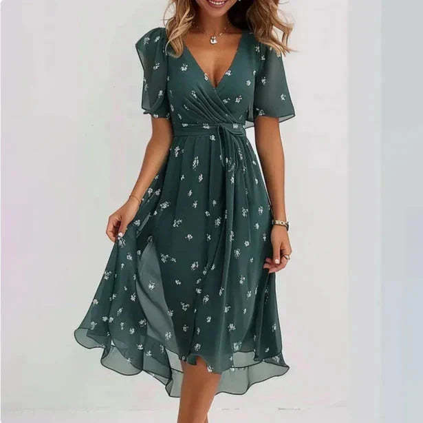 Domenica Wrap Midi Dress - Green Floral