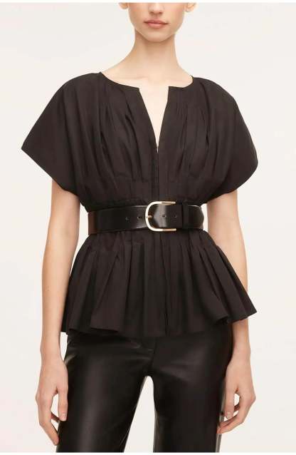 Black pleated peplum blouse with split neckline and short puffed sleeves for women