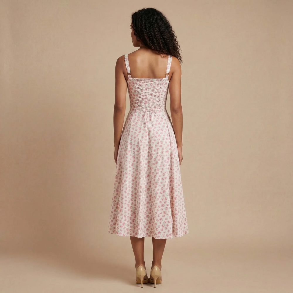 Back view of pink floral corset midi dress with fitted bodice
