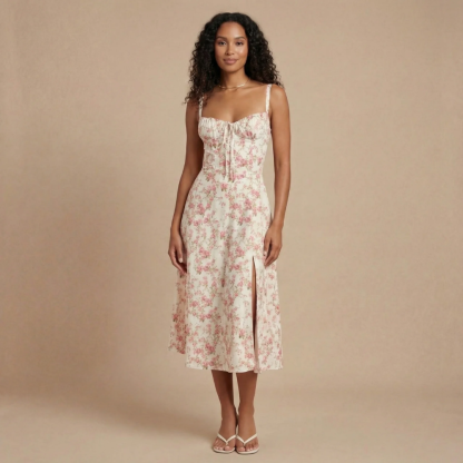 Red floral corset midi dress with sweetheart neckline and side slit