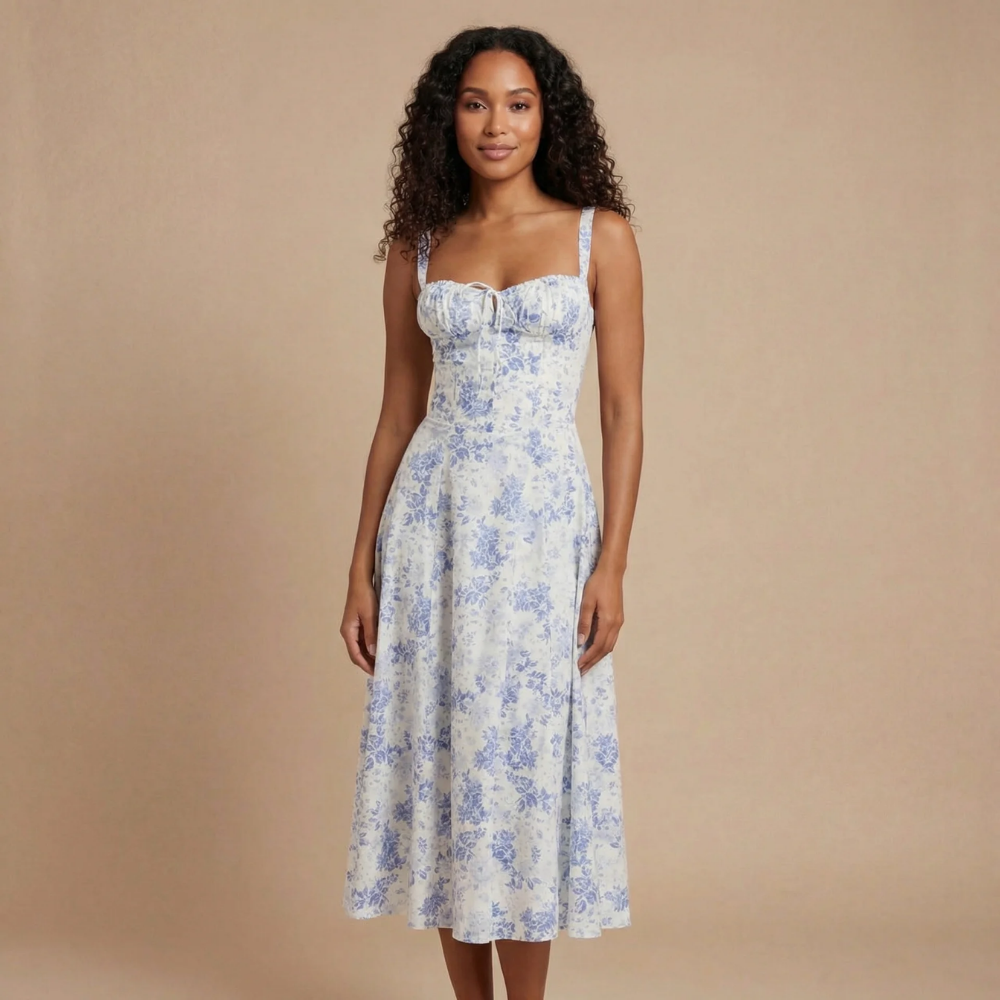 Blue floral corset midi dress with sweetheart neckline and front slit