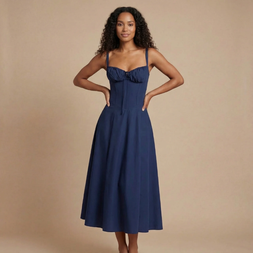 Navy solid corset midi dress with structured bodice and full skirt