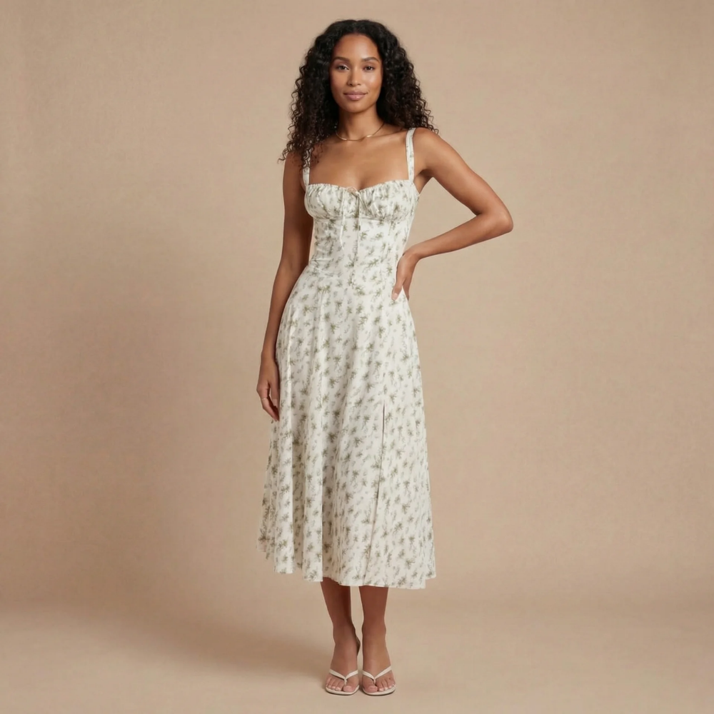 Green floral corset midi dress with sweetheart neckline and side slit
