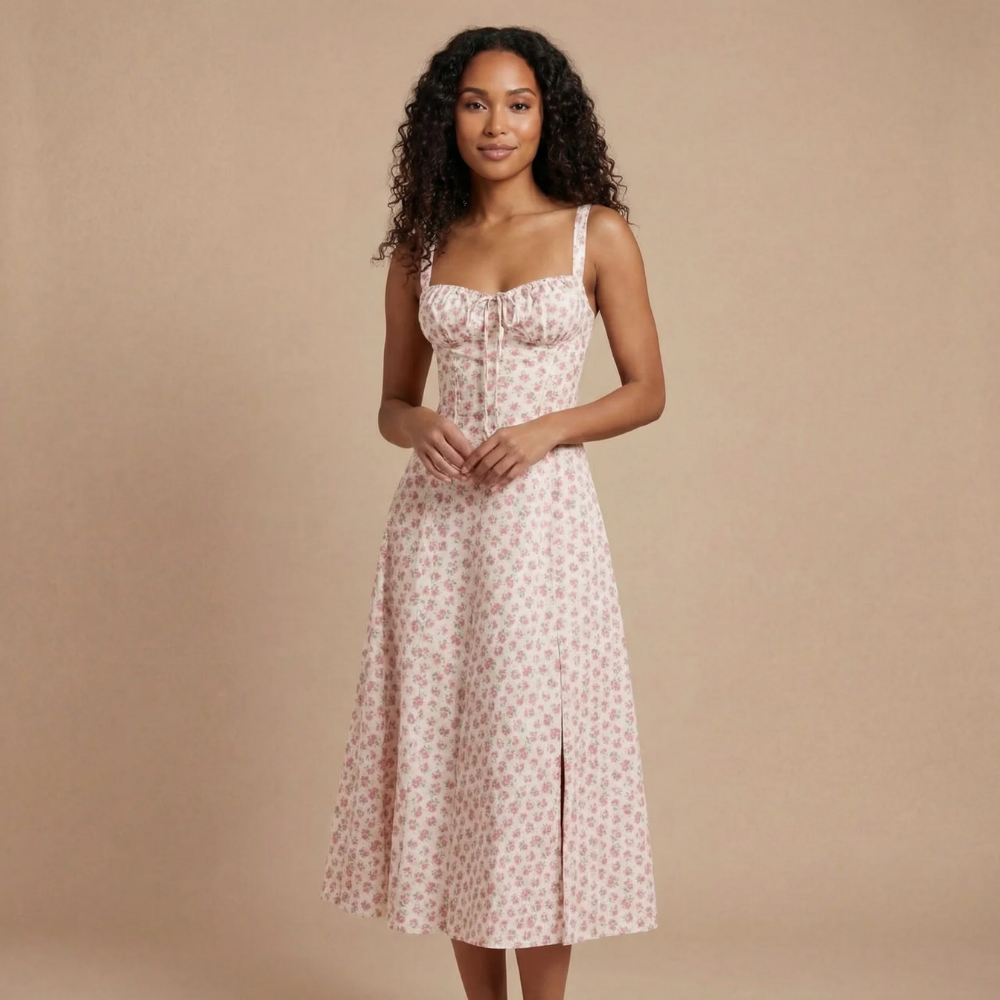Pink floral corset midi dress with sweetheart neckline and front slit