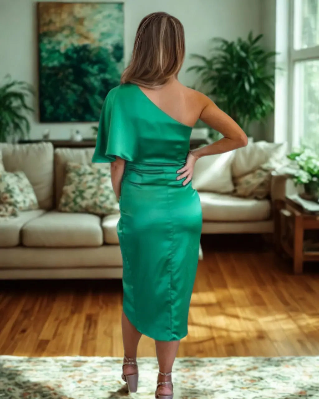 Back view of emerald green draped midi dress showing ruched fabric and asymmetrical draping
