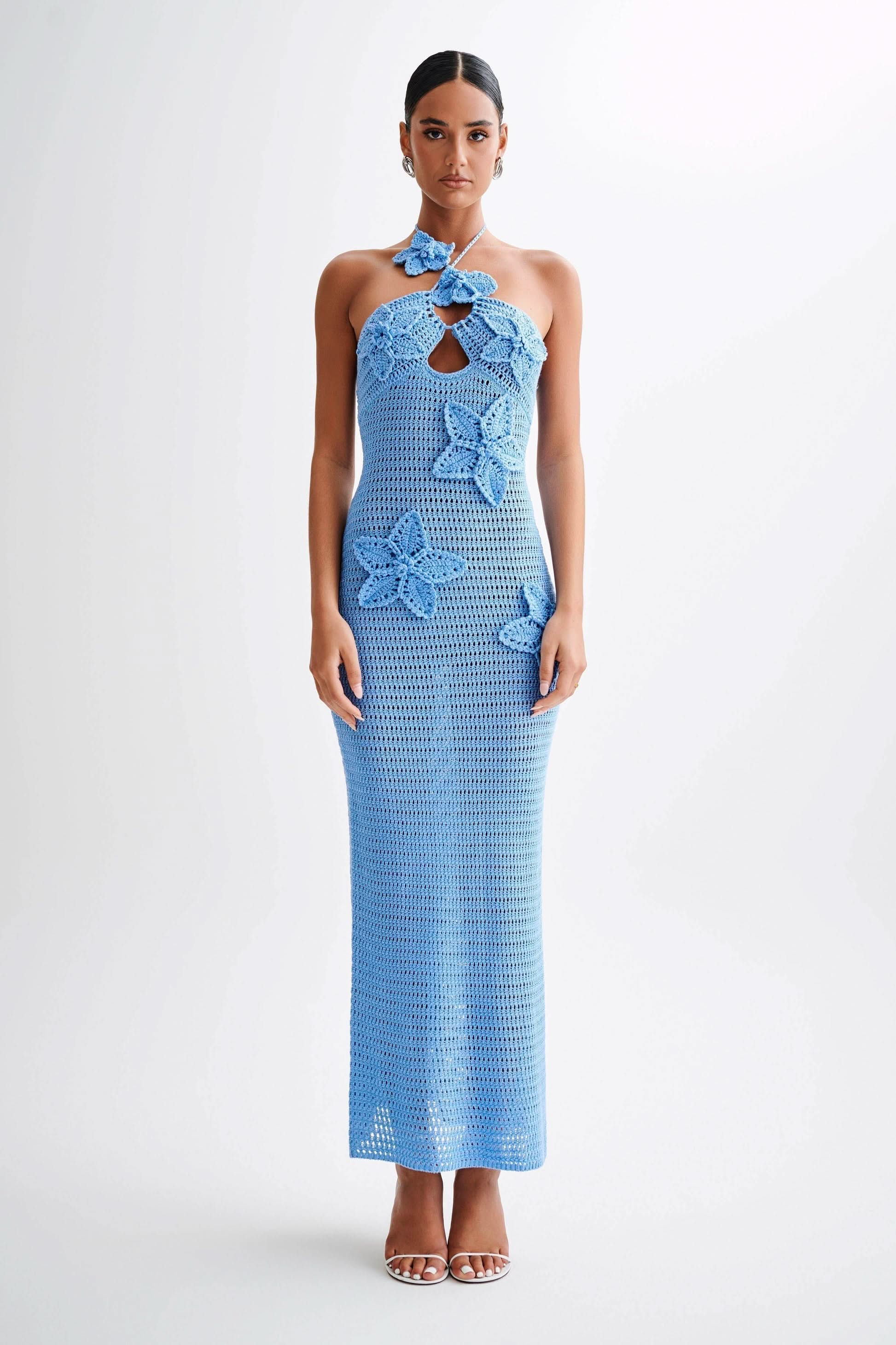 Women's Vacation Crochet Halter Maxi Dress with Floral Applique - product image 2