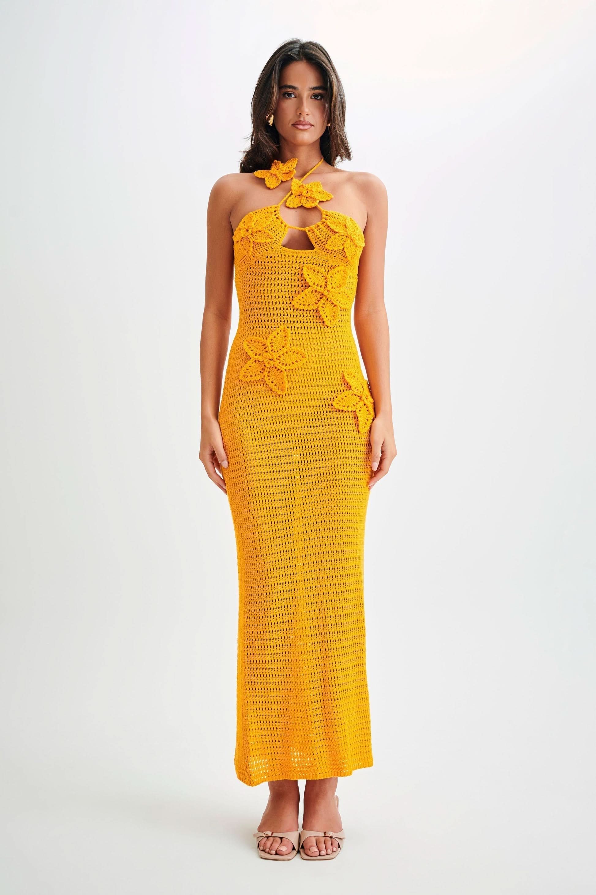 Women's Vacation Crochet Halter Maxi Dress with Floral Applique - product image 3