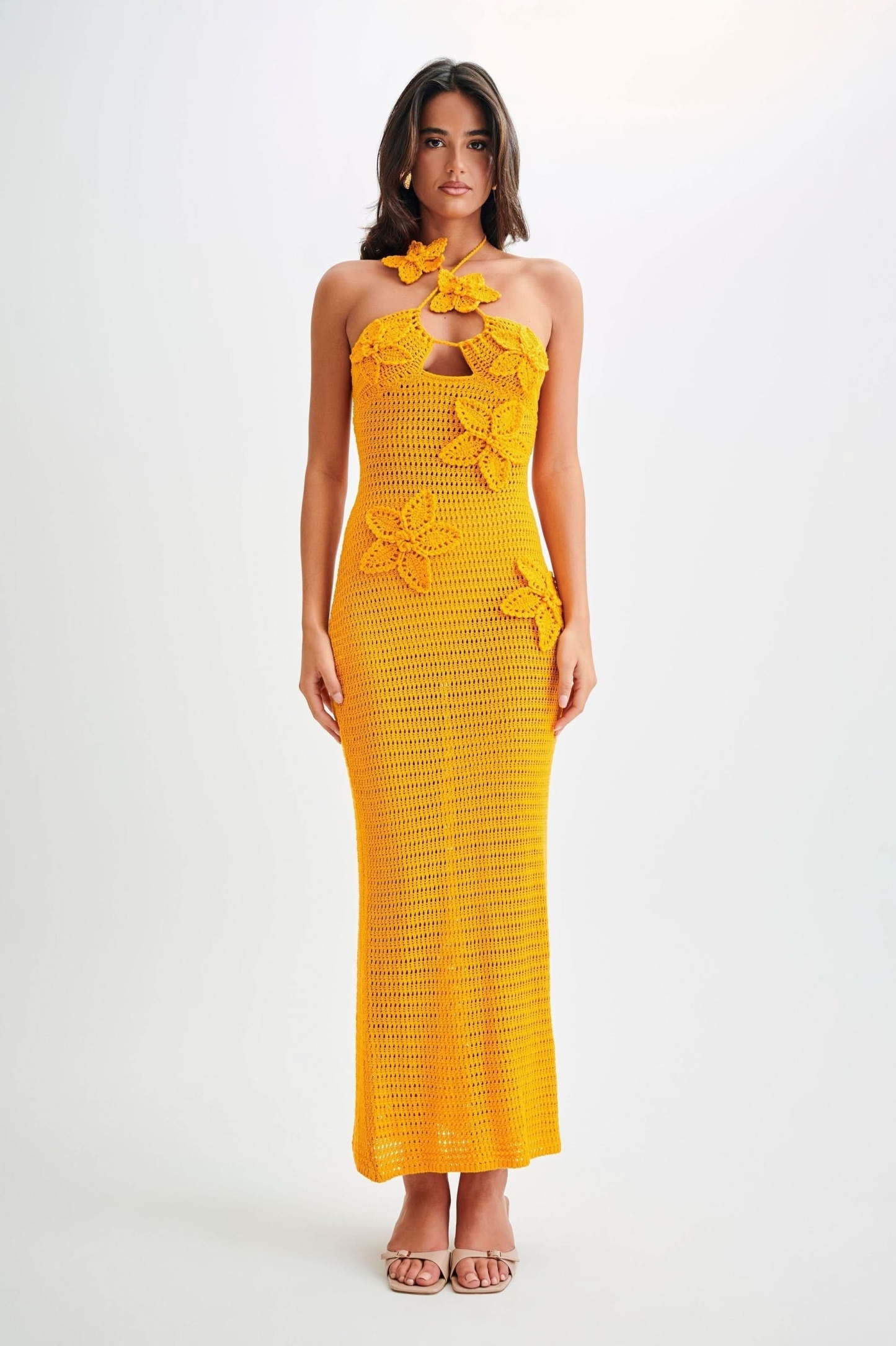 Women's Vacation Crochet Halter Maxi Dress with Floral Applique - product image 3