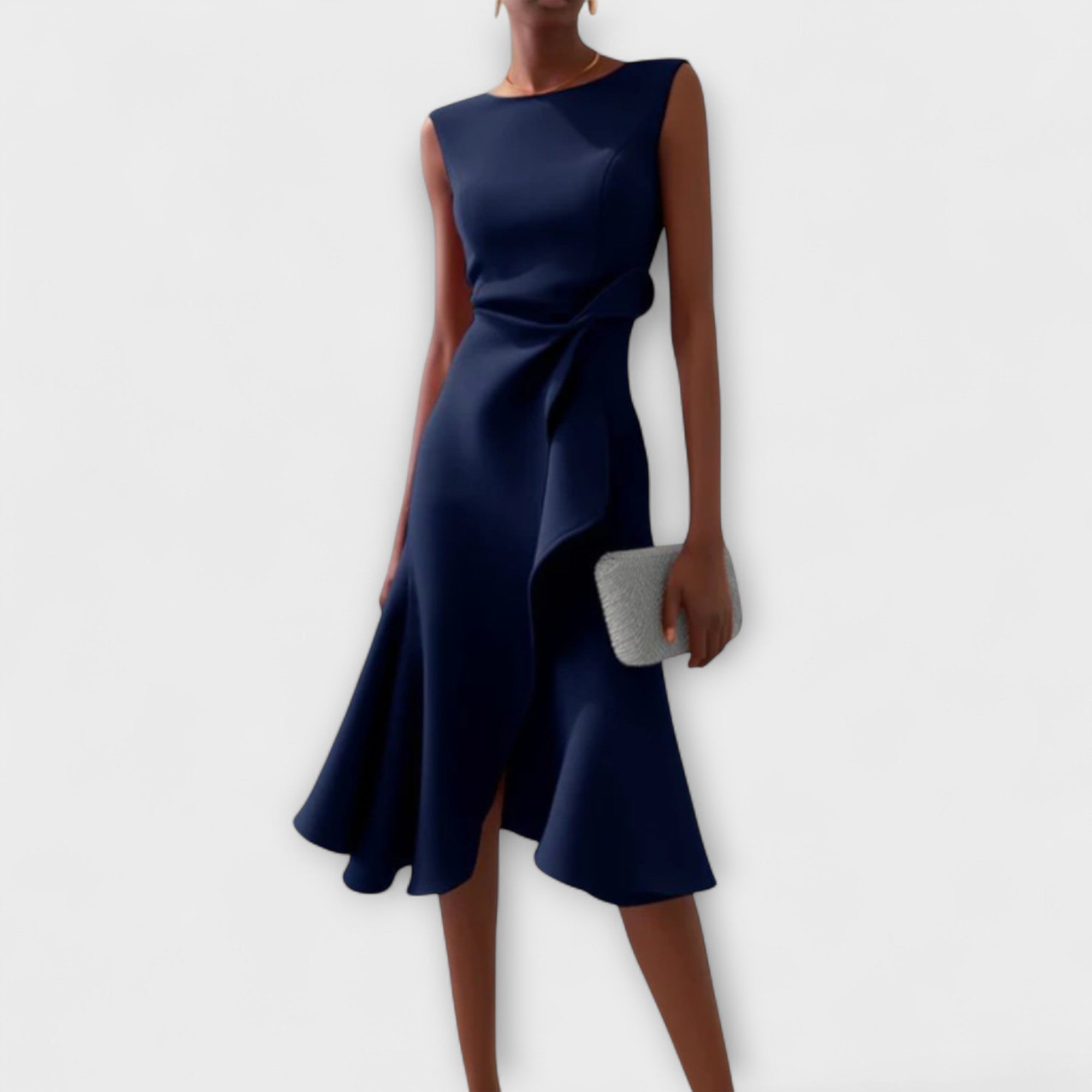 Navy blue draped midi dress with asymmetrical side drape