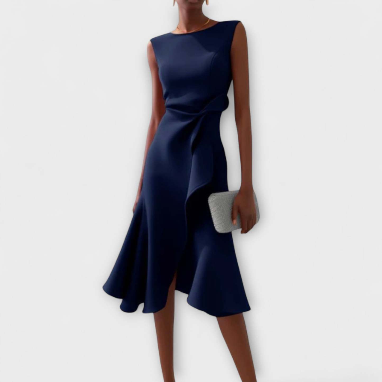 Navy blue draped midi dress with asymmetrical side drape