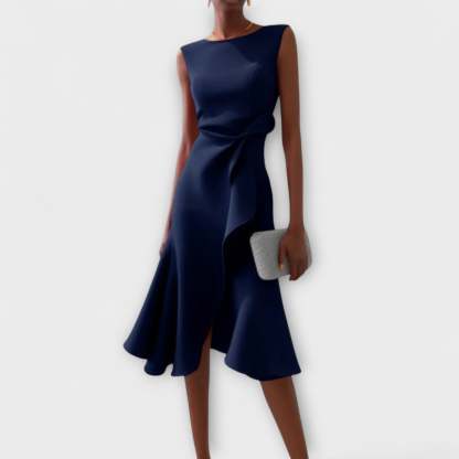 Navy blue draped midi dress with asymmetrical side drape