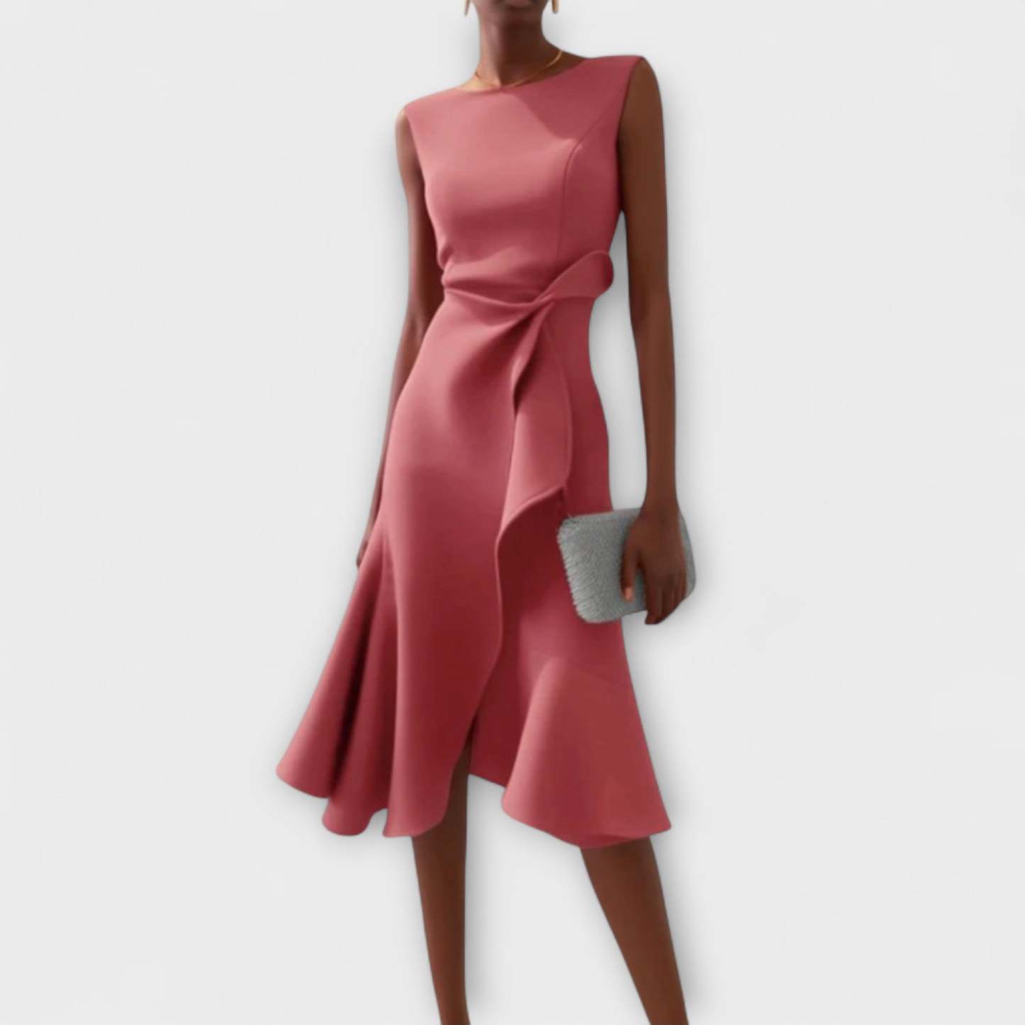Mauve pink draped midi dress with side tie and flared hem