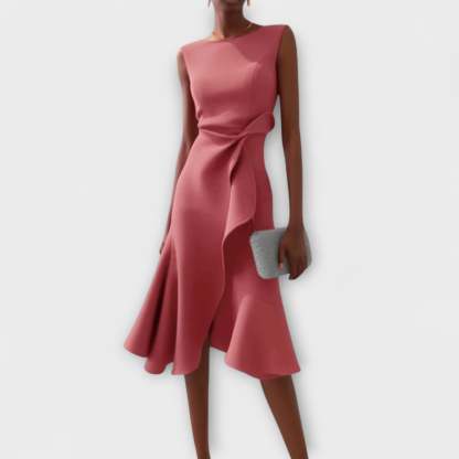 Mauve pink draped midi dress with side tie and flared hem