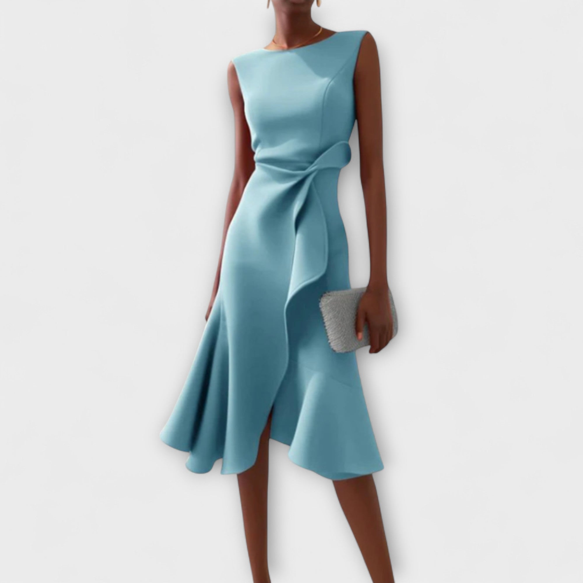 Light blue draped midi dress with elegant side knot detail