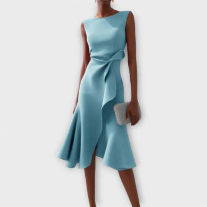 Light blue draped midi dress with elegant side knot detail