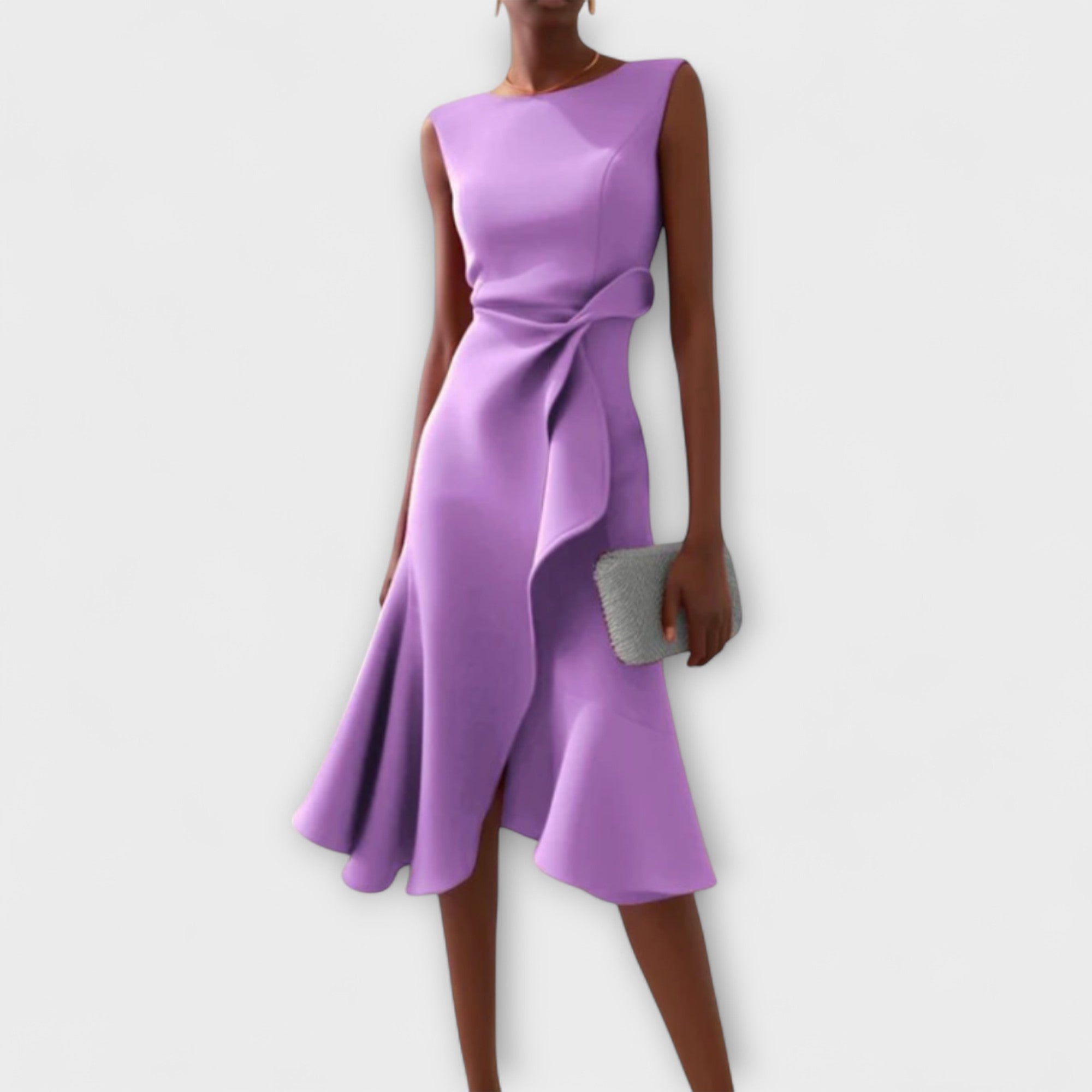 Lavender draped midi dress with sleeveless cut and wrap detail